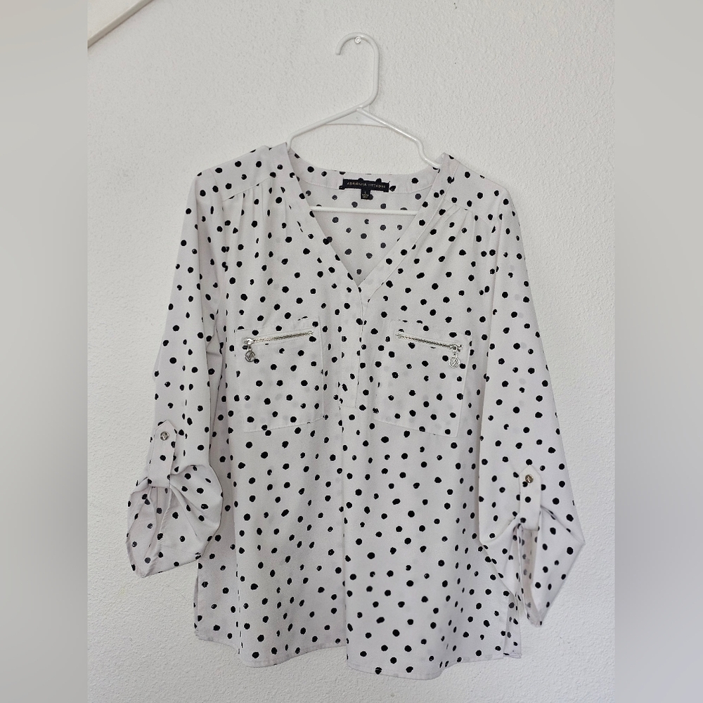 Adrienne Vittadini Black Polka Dot V-Neck Blouse